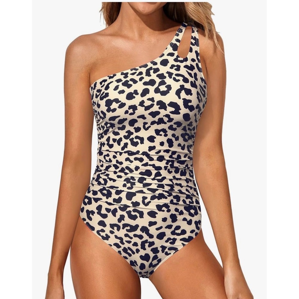 Holipick Womens Leopard One Shoulder Ruched One Piece Swimsuit Cream Black L
